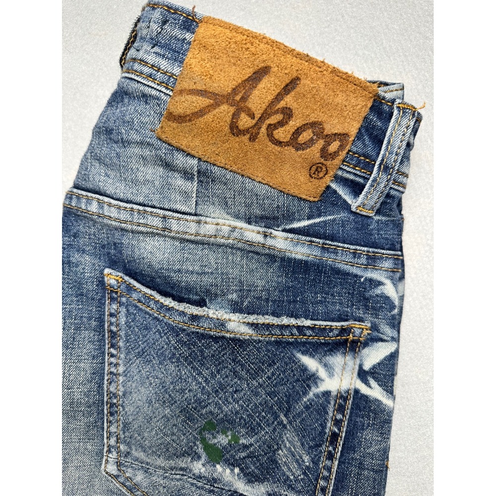 Akoo Denim Jeans Mens 30 Blue Paint Splatter Star Graphic Distressed Slim Fit